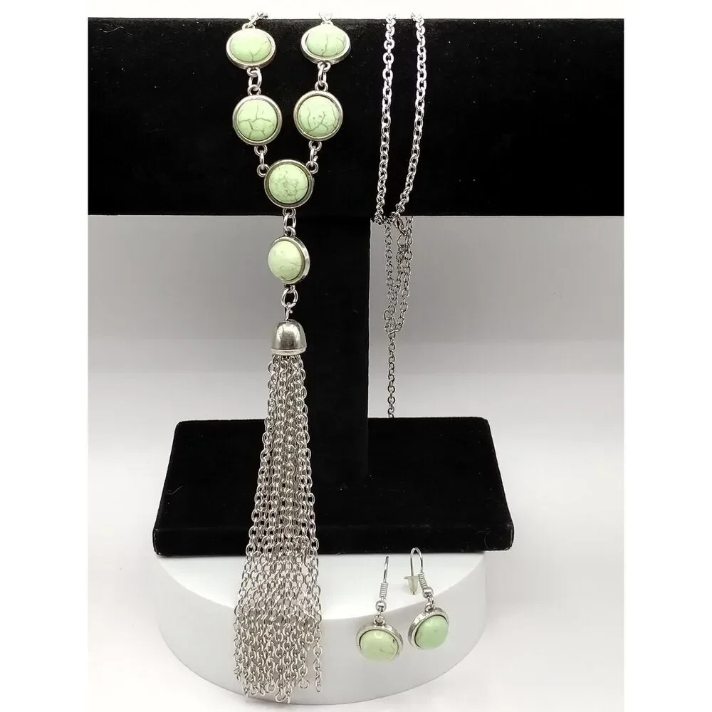 Necklace and Matching Earrings in a Mint Green Stone with Silver tone Tassel